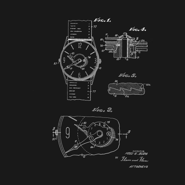 push button time zone watch Vintage Patent Hand Drawing by TheYoungDesigns