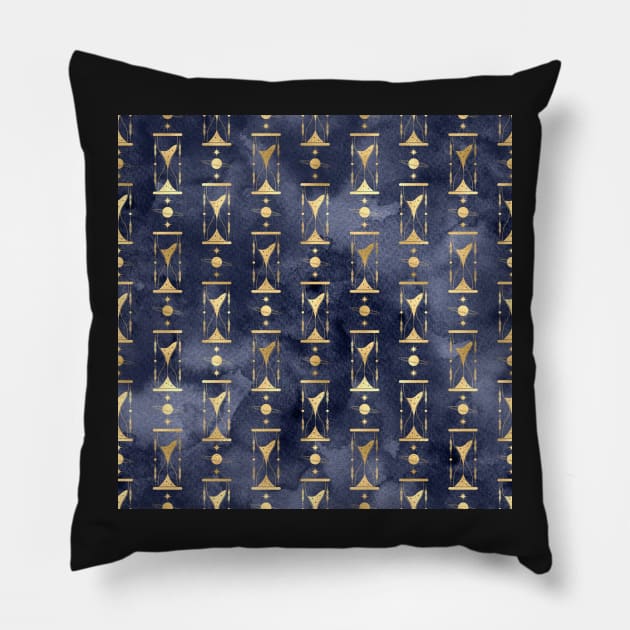 Golden Planet Star Hourglass Navy Blue Pillow by marknprints