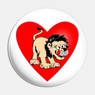 Hungry lion with sticking out tongue and red heart Pin