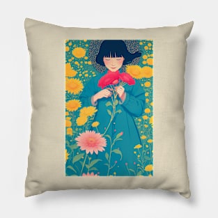 Happy Girl With Flowers Pillow