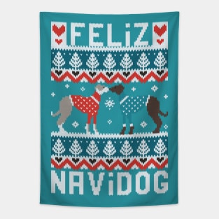 Feliz Navidog witty wordplay fair isle greyhounds // spot // teal and navy background cute dogs dressed with teal and red knitted Christmas ugly sweaters pixel art Tapestry