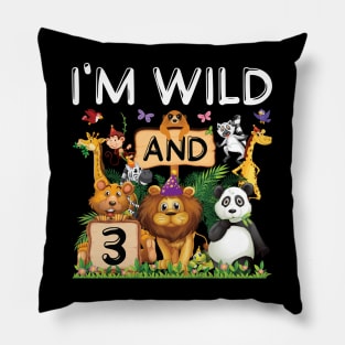 Safari Zoo Animal Lover Kids 3rd Birthday Shirt I'm Wild And 3 Birthday Pillow