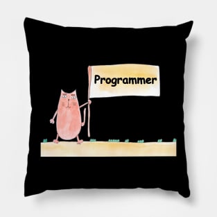 Programmer. Profession, work, job. Cat shows a banner with the inscription. Watercolor illustration. A gift for a professional. Pillow