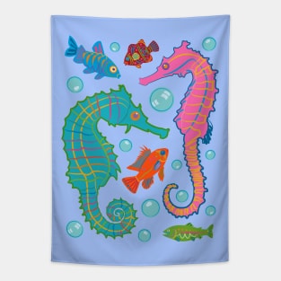 Seahorses and Fish Swimming in an Ocean of Bubbles Tapestry