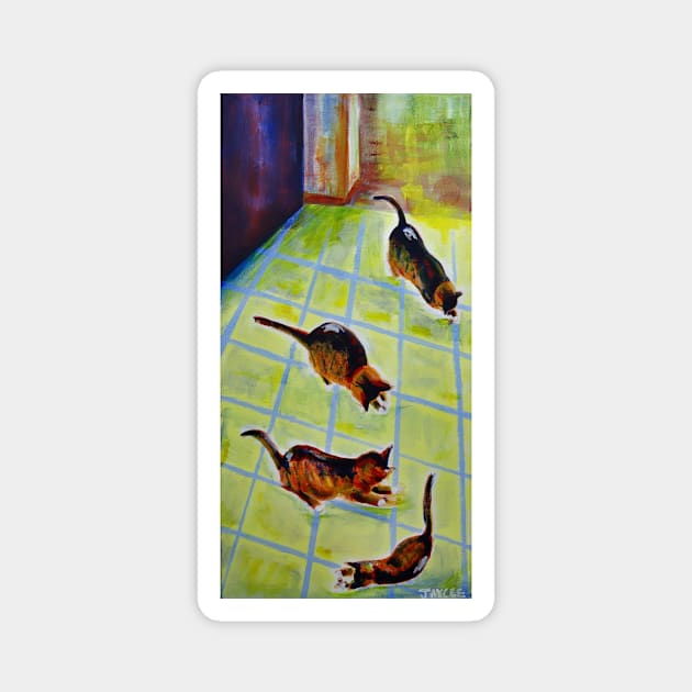 Cat Chasing Toys in the Kitchen Magnet by PB and Junk Arts