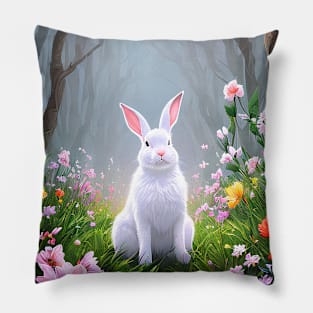 Fluffy white bunny rabbit in the woods with wildflowers Pillow