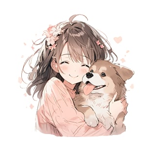 Cute Manga Girl Cuddling Puppy T-Shirt