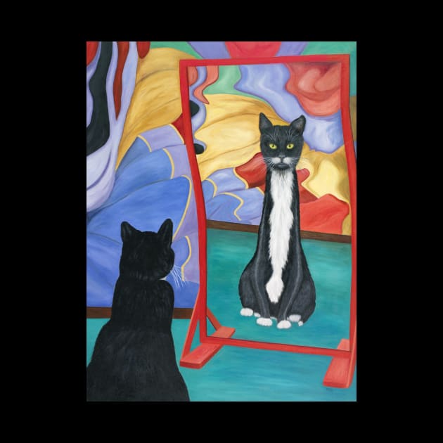 Tuxedo Cat in Fun House Skinny Mirror by KarenZukArt