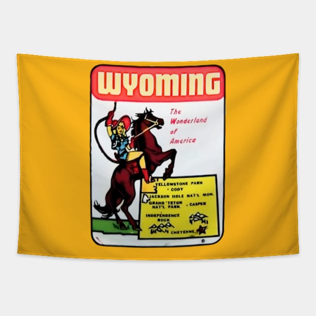 Wyoming - 1950s Tourist Window & Luggage Decal Tapestry by Desert Owl Designs