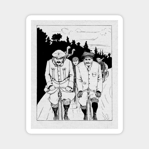 Victorian gentlemen cycling enthusiasts- vintage illustration. Magnet by stevepaint