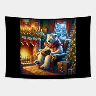 Winter Tales - Merry Cozy Polar Bear Reading by the Fireplace Tapestry