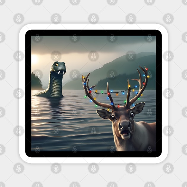 Scared reindeer standing near Loch Ness in Scotland takes selfie with Loch Ness Monster Magnet by Luxinda