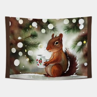 Squirrel drinking eggnog, snowy christmas outdoors Tapestry
