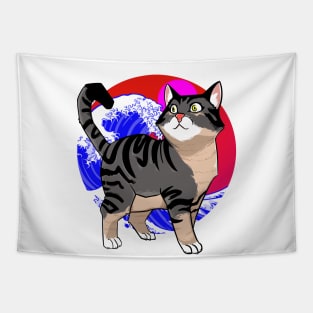 Cat in Kanagawa Wave Tapestry