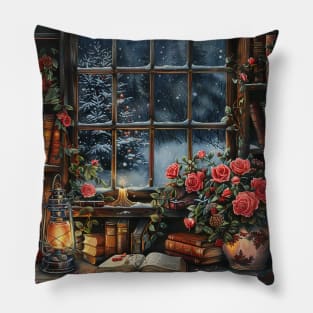 Fantasy winter starry night window Pillow