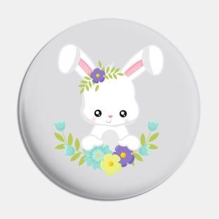 Easter, Cute Bunny, White Bunny, Rabbit, Flowers Pin