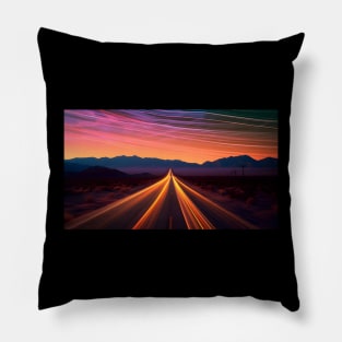 Desert Highway to Infinity Under Vibrant Twilight Skies Pillow