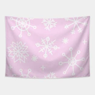 White Doodle Snowflakes Pattern on a Light Pink Background, made by EndlessEmporium Tapestry