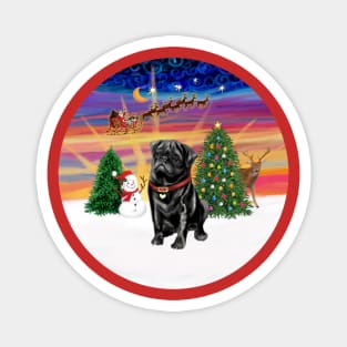 A Black Pug Watches Santa Take Off into the Sunset Magnet