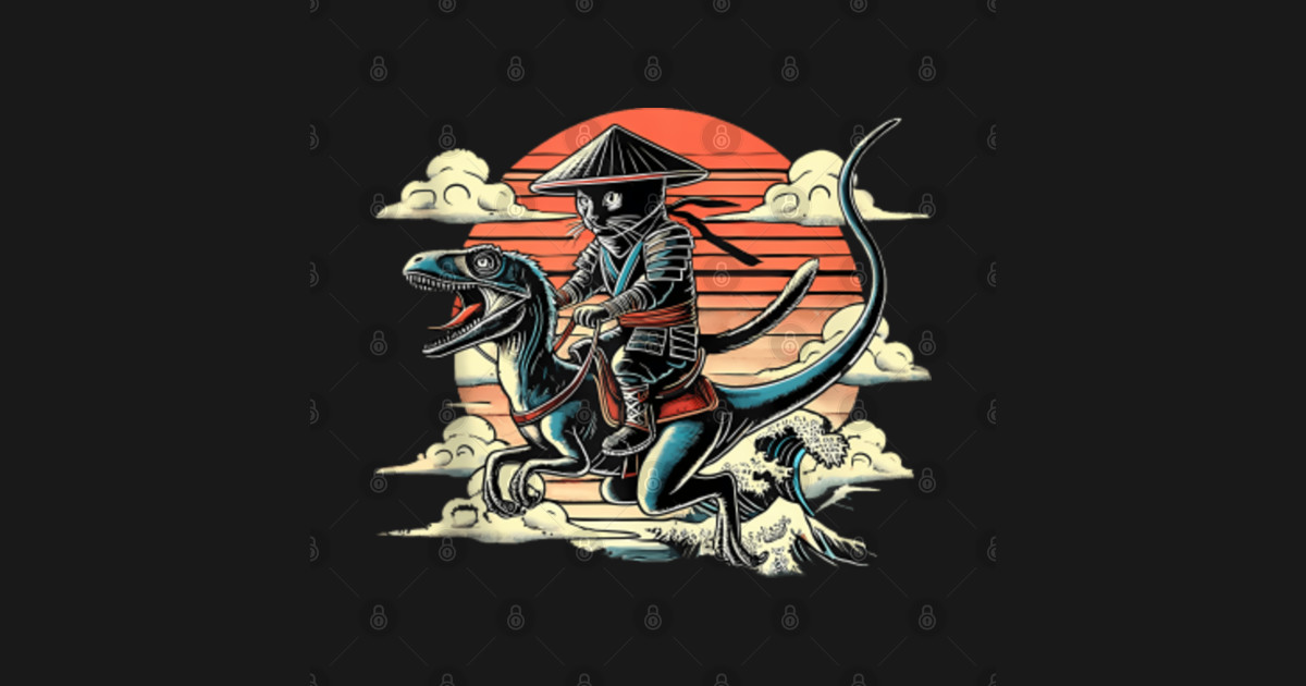 Retro Ninja Cat Riding A Dinosaur Japanese Art Cat Lovers - Ninja Cat ...