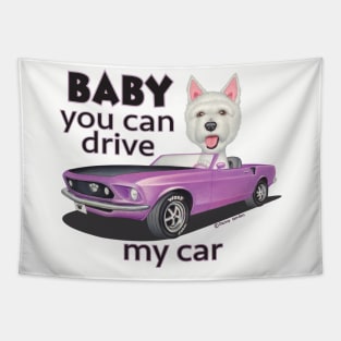 Cute adorable sweet Westie Driving a Classic Mustang Tapestry