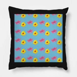 Hibiscus Flower Pattern in Watercolors and a blue background Pillow