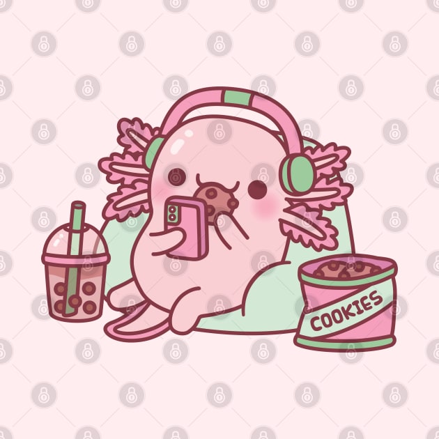 Cute Axolotl Chilling With Cookies And Bubble Tea by rustydoodle