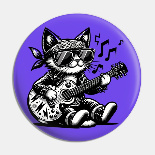 funny Cat Rock Black and White Guitar-Strumming Feline Design Pin by FestiveFiesta