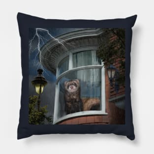 A Stormy Night Ferret - Window Ferrets art Pillow