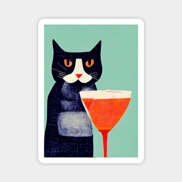 Cat with a Drink Retro Poster Vintage Art Cat Wall Cocktail Illustration Illustration Magnet by BetterManufaktur