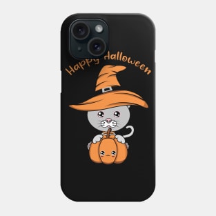 Happy Halloween Cute Cat, Kawaii black cat with pumpkin Phone Case