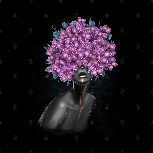 Black and white girl with color beautiful flowers in her head. by Olena Tyshchenko