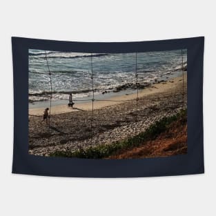 Dog walk by sea Tapestry