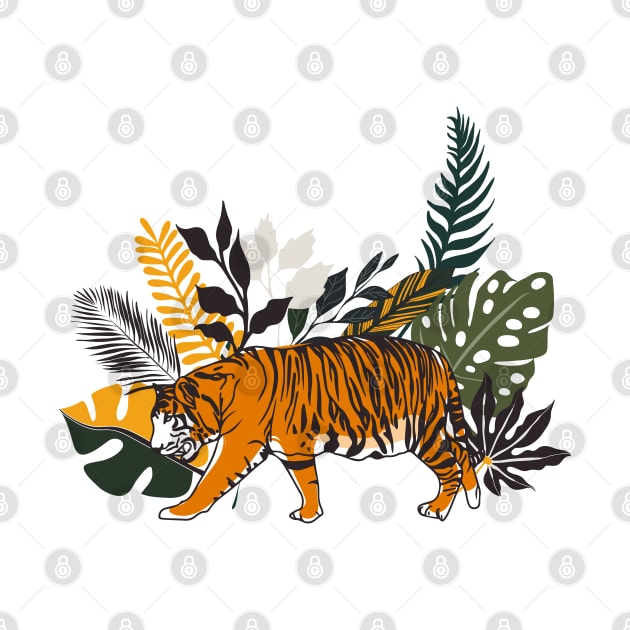 Colorful Tiger Art With Tropical Foliage by BadDesignCo