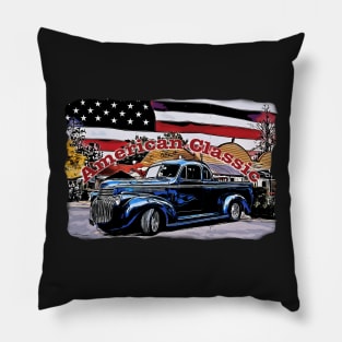 Cartoon Classic Old American Truck with American Flag Pillow