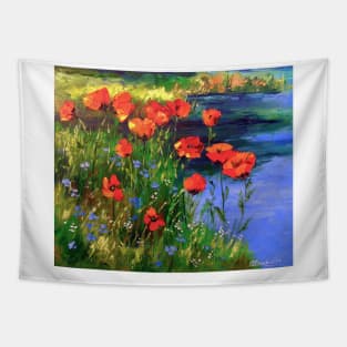 Poppies at the pond Tapestry