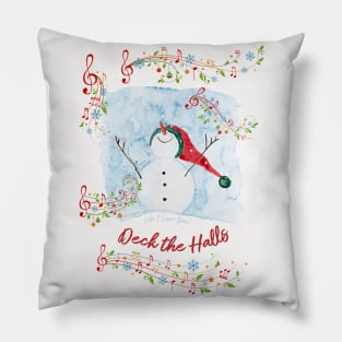 Joyful Deck the Halls Happy Snowman Winter and Christmas Pillow