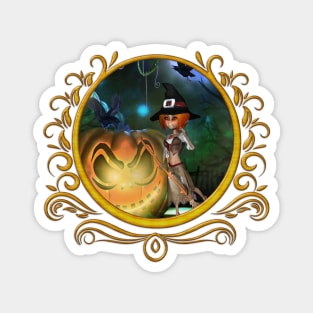 Cute little witch with pumpkin in the night Magnet