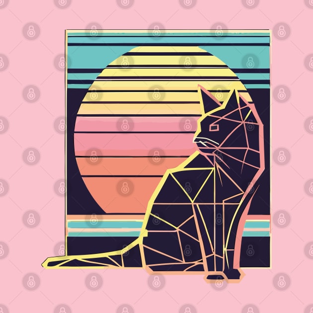 Vintage 80s Geometric Cat with Sunset by Jabir