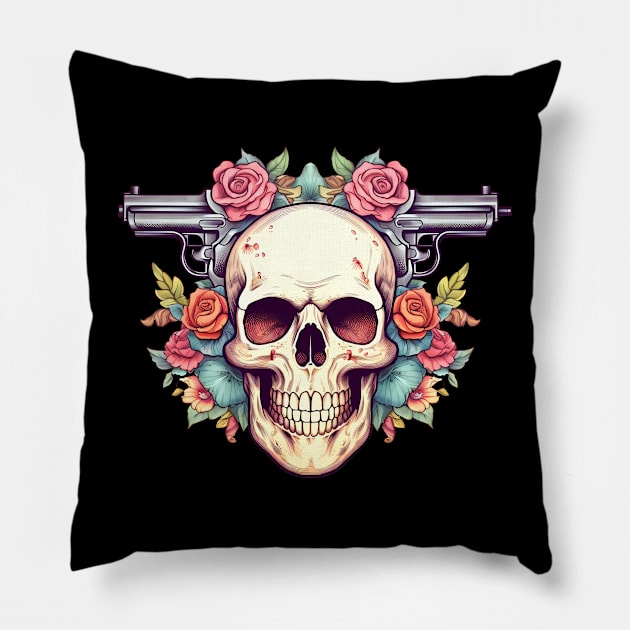 skull with guns Pillow by One Eyed Cat Design