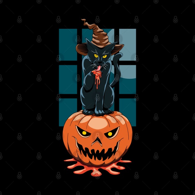 Halloween black cat witch on a pumpkin by TMBTM