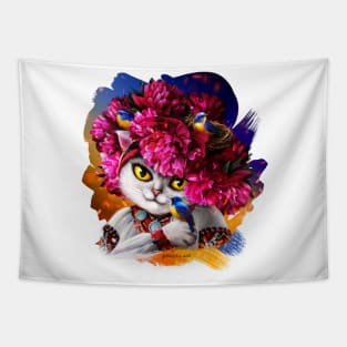 Cute white cat in the pink wreath Tapestry