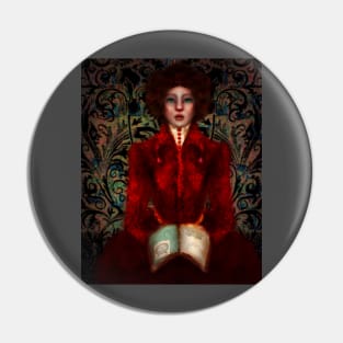 Dark Academia Lowbrow Art Portrait of Historical Ruby Red Fashion Illustration of Librarian Holding Illuminated Manuscript Pin