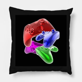 Multicolour game controllers on black background. Pillow