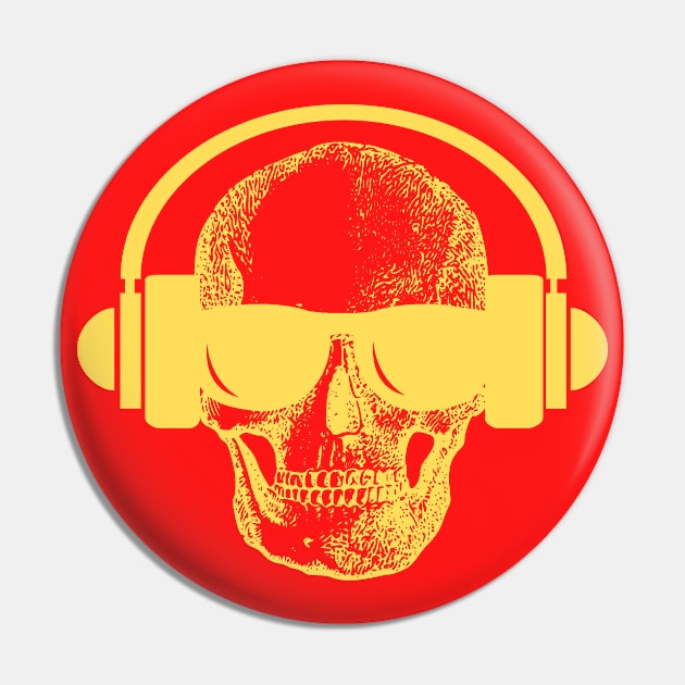 Skull And Phones, Yellow Pin by Cup Of Joe, Inc.