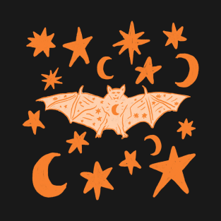 Mystical Bat with Moons and Stars, Orange T-Shirt