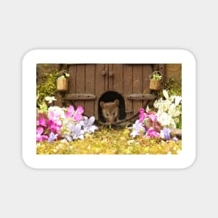 George the mouse in a log pile House spring flowers at the door Magnet