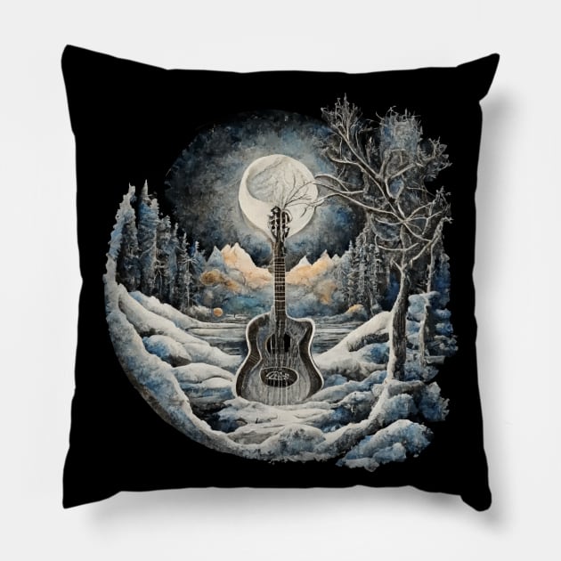 Cottagecore Acoustic Guitar In Winter Landscape Pillow by Apocatnipse Meow