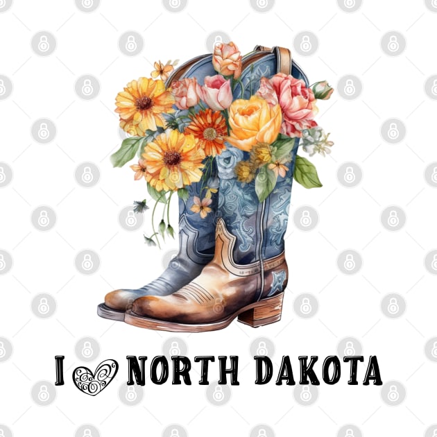 I Love North Dakota Boho Cowboy Boots with Flowers Watercolor Art by AdrianaHolmesArt