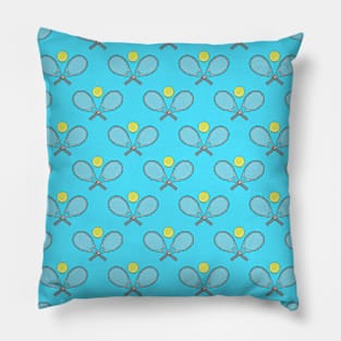 Tennis Seamless Pattern - Racket and Ball on Blue Background Pillow